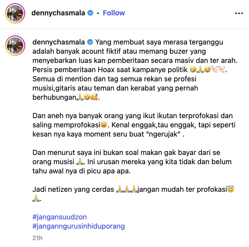 Pernyataan Denny Chasmala terkait rekannya Zendhy Kusuma
